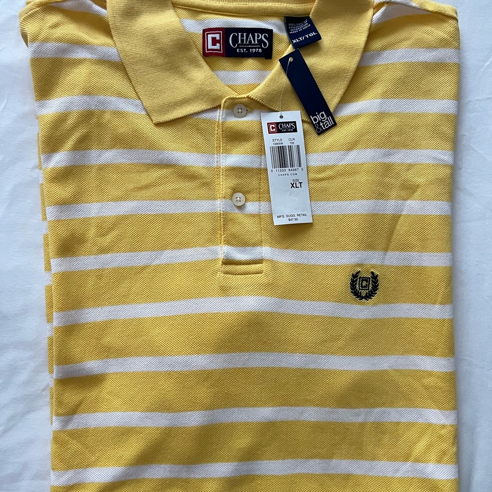 NWT Chaps Men’s Polo Shirt | White & Yellow Stripe | Size XLT | 100% Cotton
